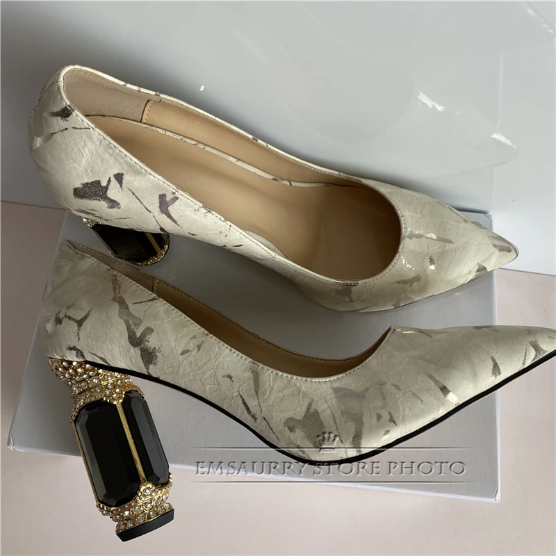 Smokey-pink Paint Color Crystal Heel Women Pumps Sexy Pointed Toe Genuine Leather High Heel Rhinestone Dress Shoes Woman