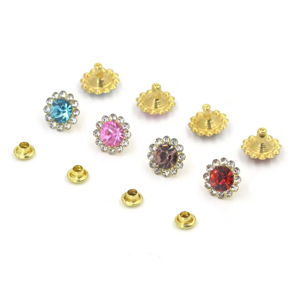 30pcs Glass Crystal Flower Double Cap Rivet Stud Collision Nail Leathercraft Shoe Bag Belt Handicrafts Garment Bracelet 8.3*11mm