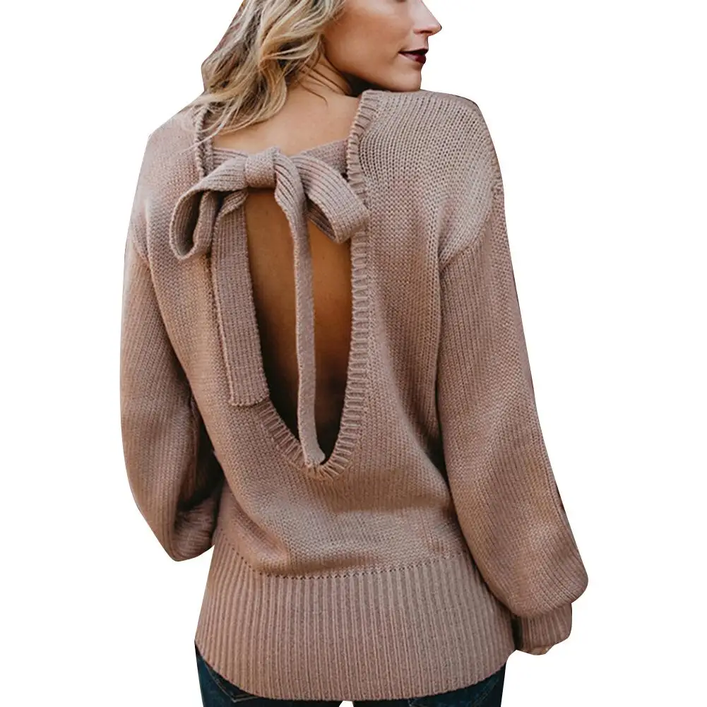 

Elegant dress Sweater 2022 Women Autumn Solid Color O Neck Backless Back Bow Tie Knitwear Sweater