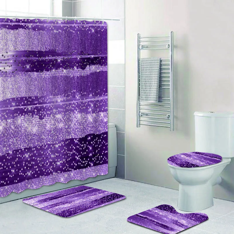 

4PCS Purple Pastels Strokes Lines Modern Artwork Shower Curtain and Rugs Girly Glitter Art Long Bathroom Curtains Accessories