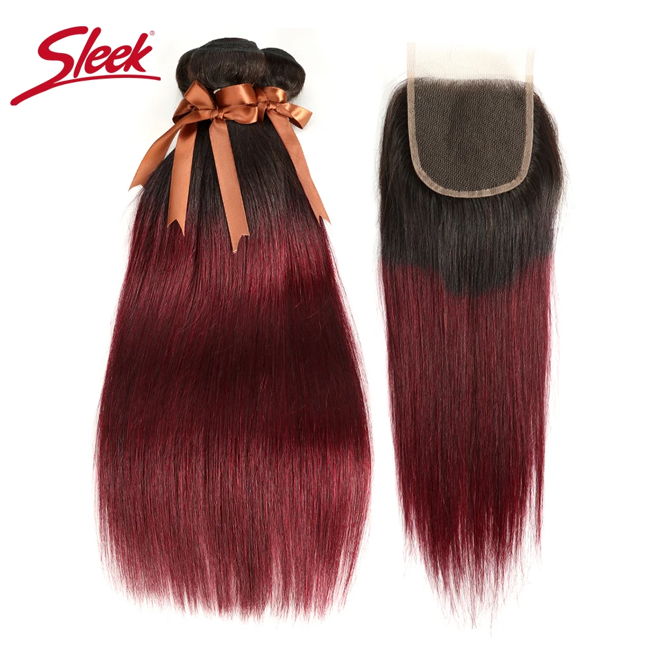 Sleek Bundles With Closure Brazilian Straight T1B/27 Human Hair 3 Bundles With Closure And T1b/30 Natural Remy Hair Extensions