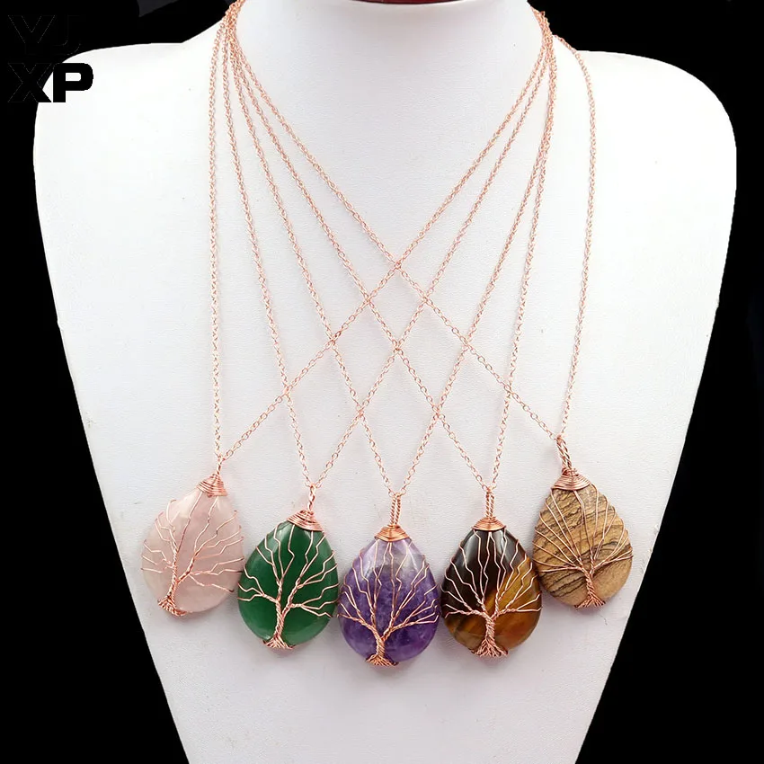 YJXP Wholesale 10pcs/lot Pendant Necklaces Mixed Color Natural Water Drop Birthstone Wire Winding Tree of Life Women Necklace