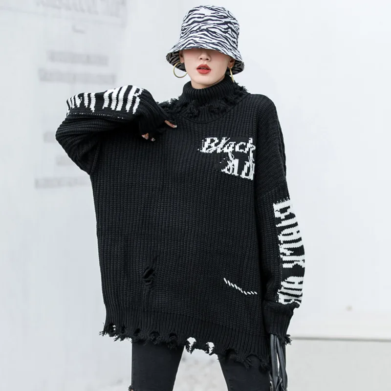 Knitted Turtleneck Plus Velve Sweater 2022 Winter Punk Rock Unisex Vintage Oversize Couple Ripped Pullovers Sweaters Tops