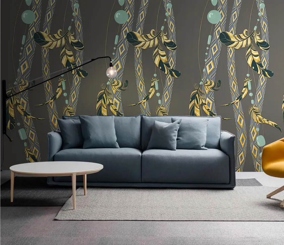 Self adhesive canvas mural feather line background wall painting home decoration feather photo living room Custom wallpaper