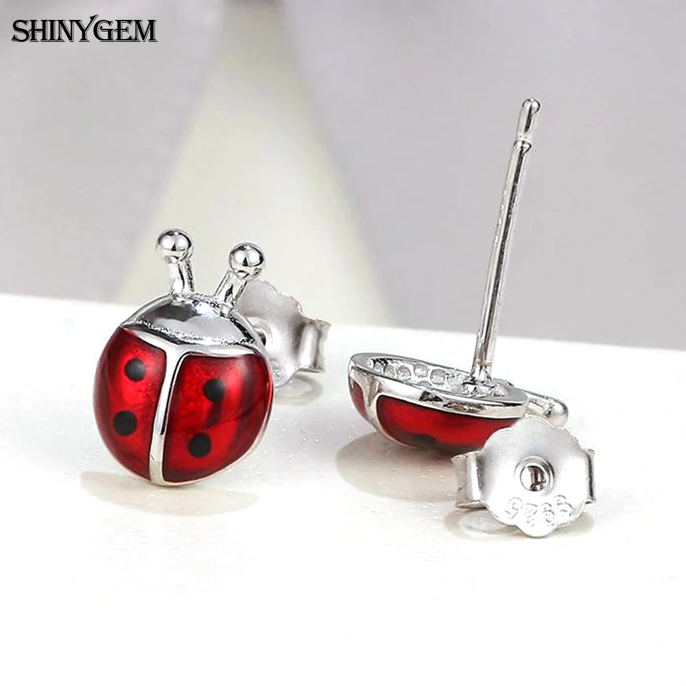 

925 silver earring 9mm cute delicate red pink beetle ladybug stud for women girl date beautiful gift
