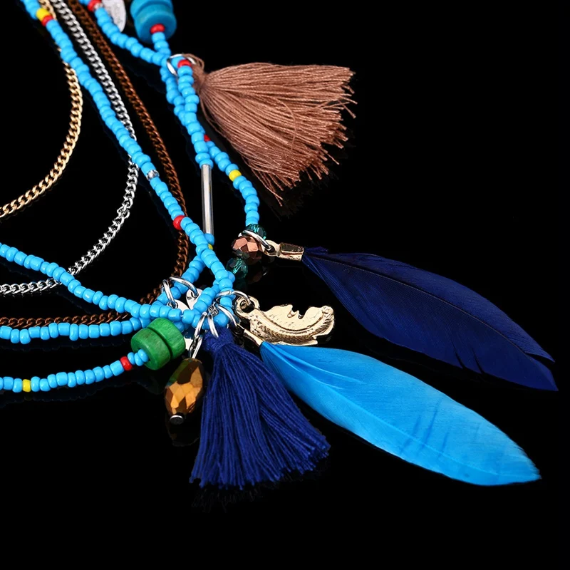 Bohemian Layers Necklaces Beads Tassel Long Ethnic Feather Statement Necklace For Women Jewelry Collar