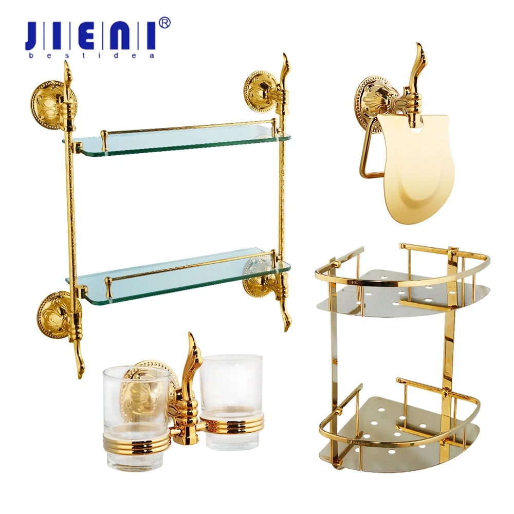 JIENI Golden Palted Bathroom Hardware Set Bathroom 2 Layer Shelf Paper Holder Tooth Brush Holder Bath Hardware Set Accessories