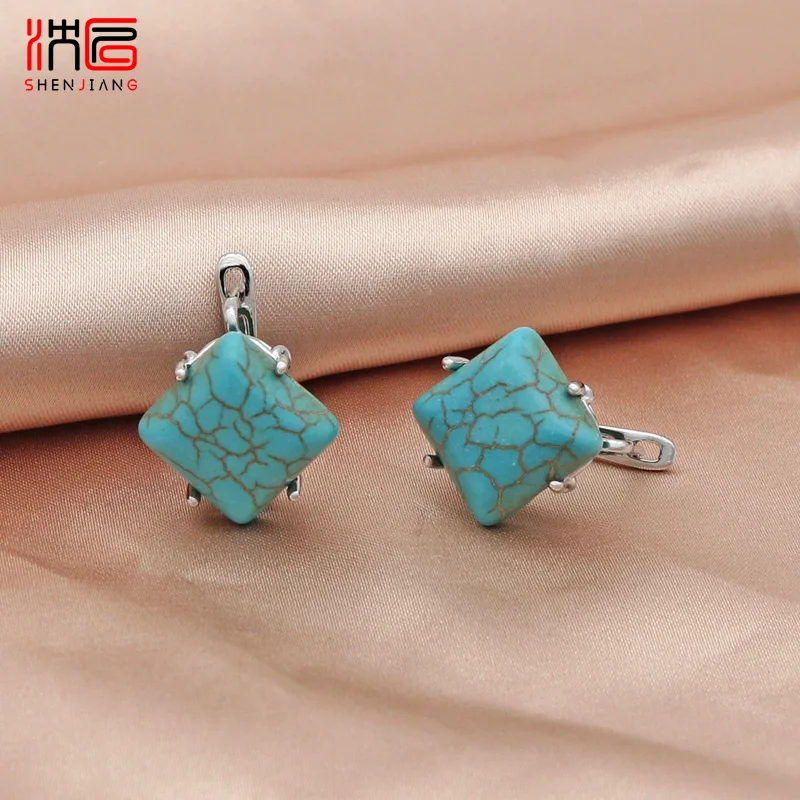 SHENJIANG New Vintage Square Synthetic Turquoises 585 Rose Gold Color Dangle Earrings For Women Wedding Jewelry Fine Gift