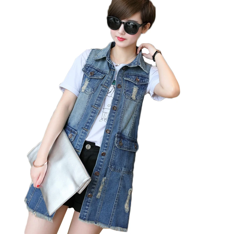 6XL Denim Vests Spring Autumn Women Casual Pocket Hole Jeans Vests Jacket Coat Ladies Sleeveless Waistcoat W2094