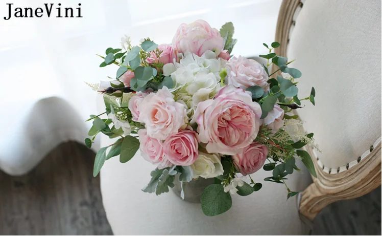 JaneVini 2021 Artificial Wedding Bouquet for Bride Pink Roses Silk Flowers kwiaty sztuczne Green Leaves Bridal Bouquets Brooch