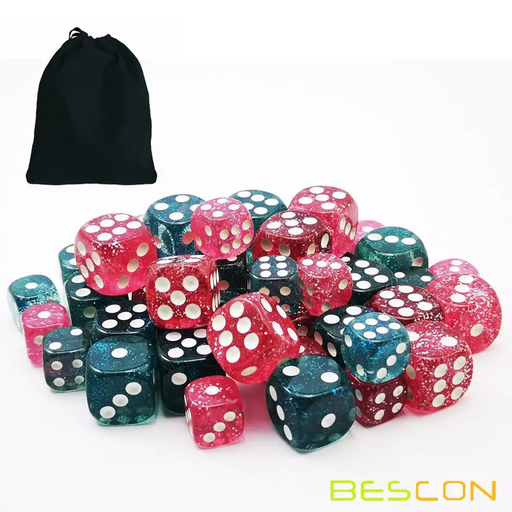 Bescon Ethereal Glitter Dice D6 16MM&12MM 48pcs Set, Game Dice Glitter Rose and Teal in 12MM&16MM Each 12pcs