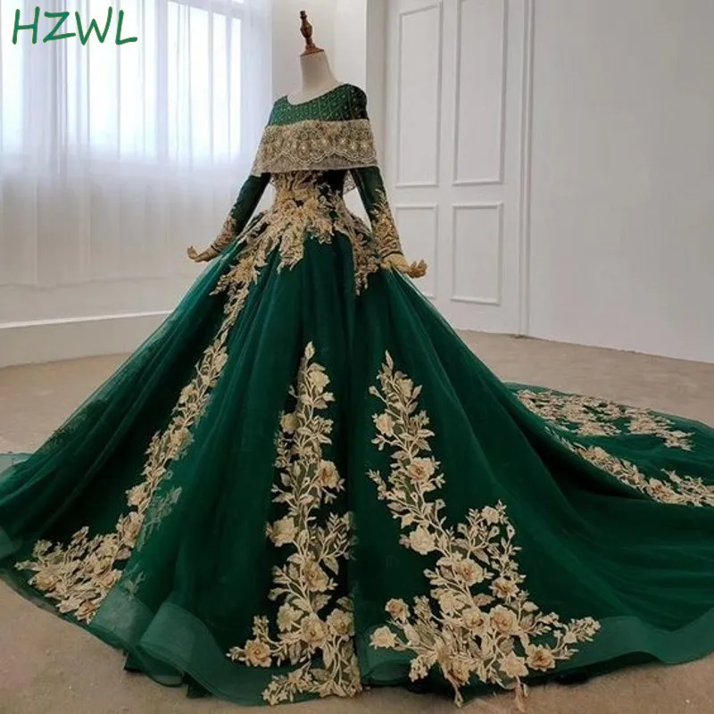 Dubai Dark Green Evening Gowns Gold Flora Appliques Long Sleeves A Line Prom Dresses Saudi Arabia Sweep Train  Robe De Soiree