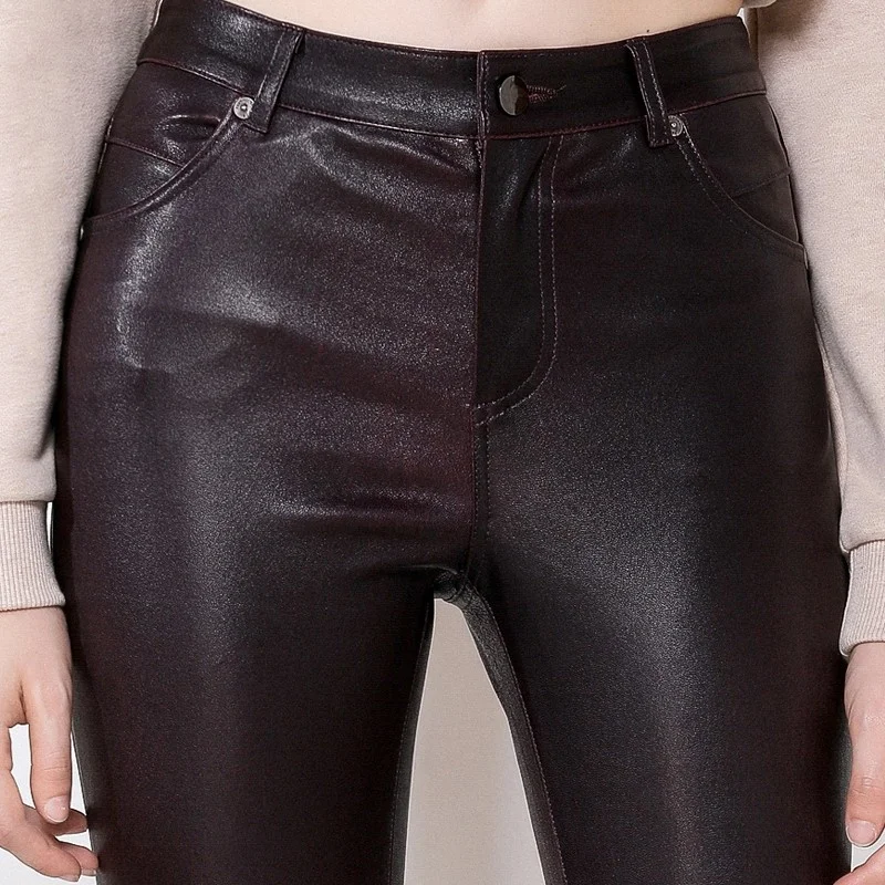 Ladies Fashion Stretch Sheepskin Pencil Pants Streetwear Slim Fit Skinny Trousers Luxury Office Real Leather Black Pants Women