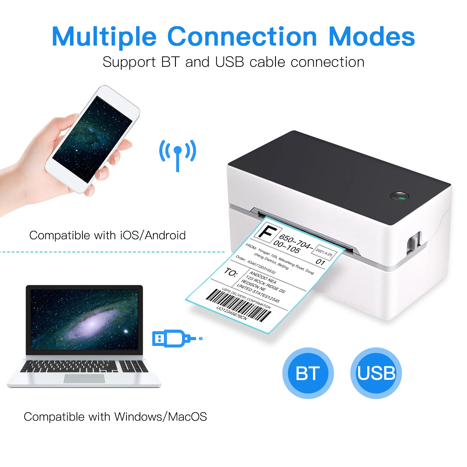 데스크탑 배송 라벨 프린터, USB/BT 직접 열 프린터, 아마존 이베이 Shopify FedEx USPS Etsy와 호환 가능, 40-80mm 용지