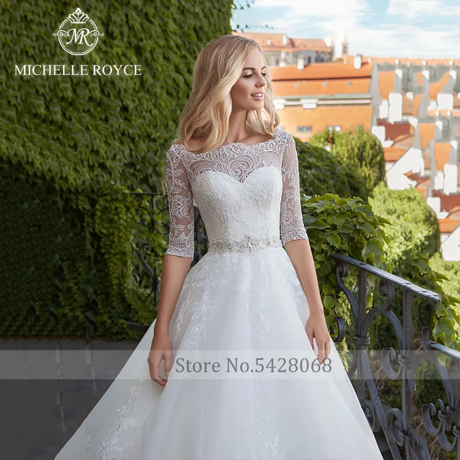 Michelle Royce A-LING Wedding Dresses High Quality Sweetheart Half sleeves Cut Out Beaded Lace up Chapel Train Vestido De Nevia