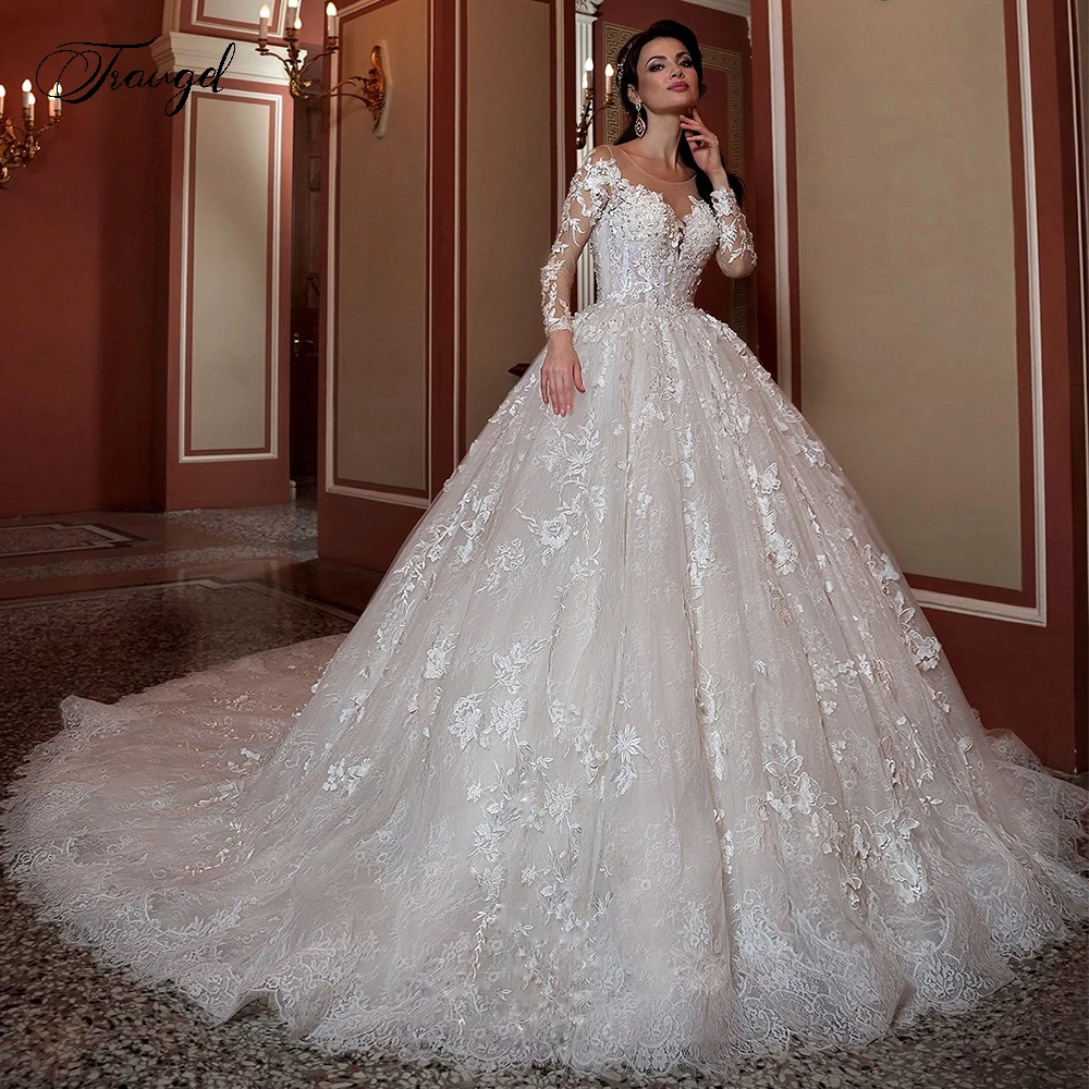 

Traugel Sexy Illusion Long Sleeve Lace Ball Gown Wedding Dresses Chic Appliques Beaded Cathedral Train Princess Bridal Gowns