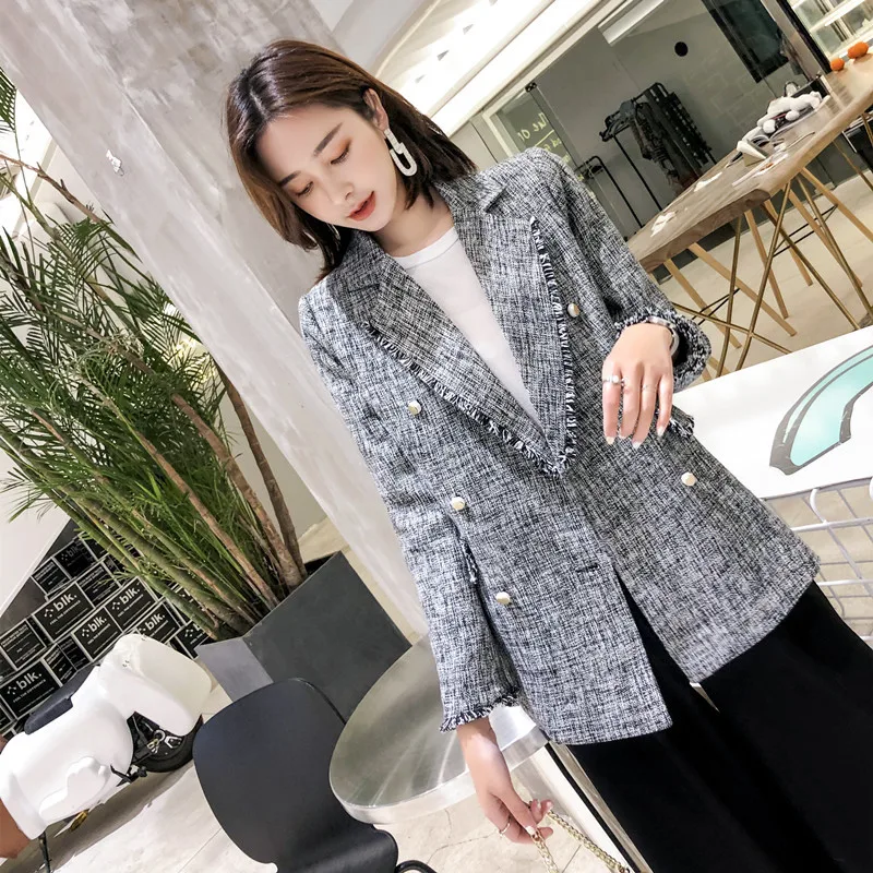 New Autumn 2020 Women Elegant Double Breasted Blazer Female Long Striped Jackets work wear Suit Abrigos Mujer LX2205