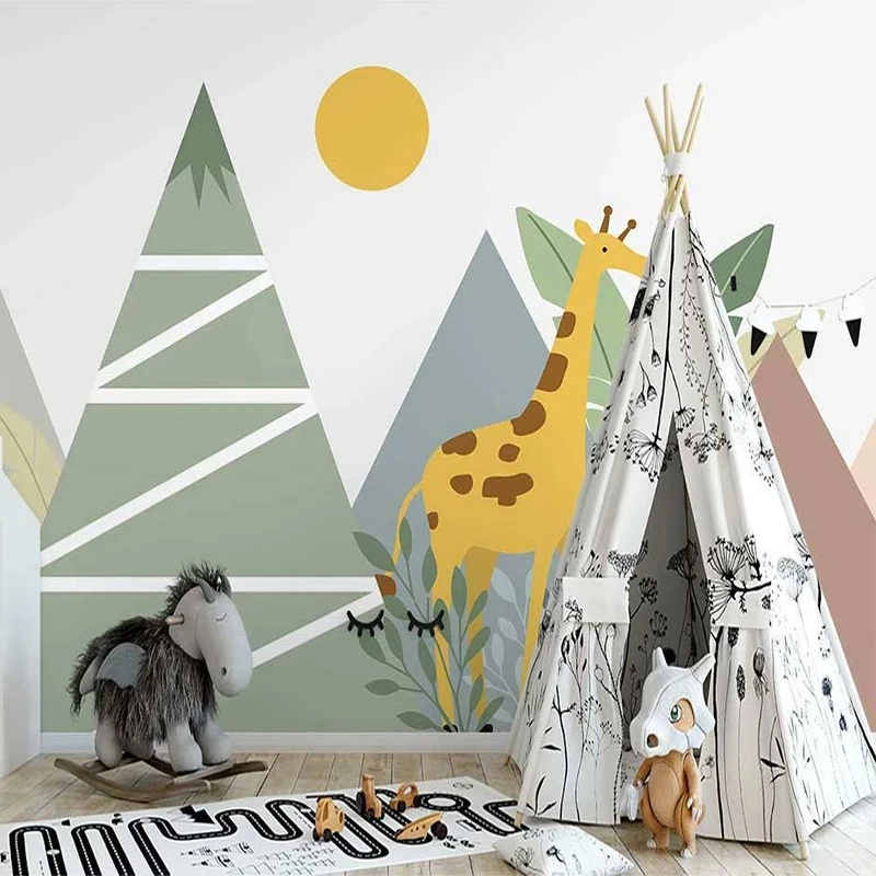 Custom Mural Wallpaper 3D Hand Drawn Geometric Mountain Cartoon Giraffe Children's Room Fresco Self-Adhesive Wall Stickers