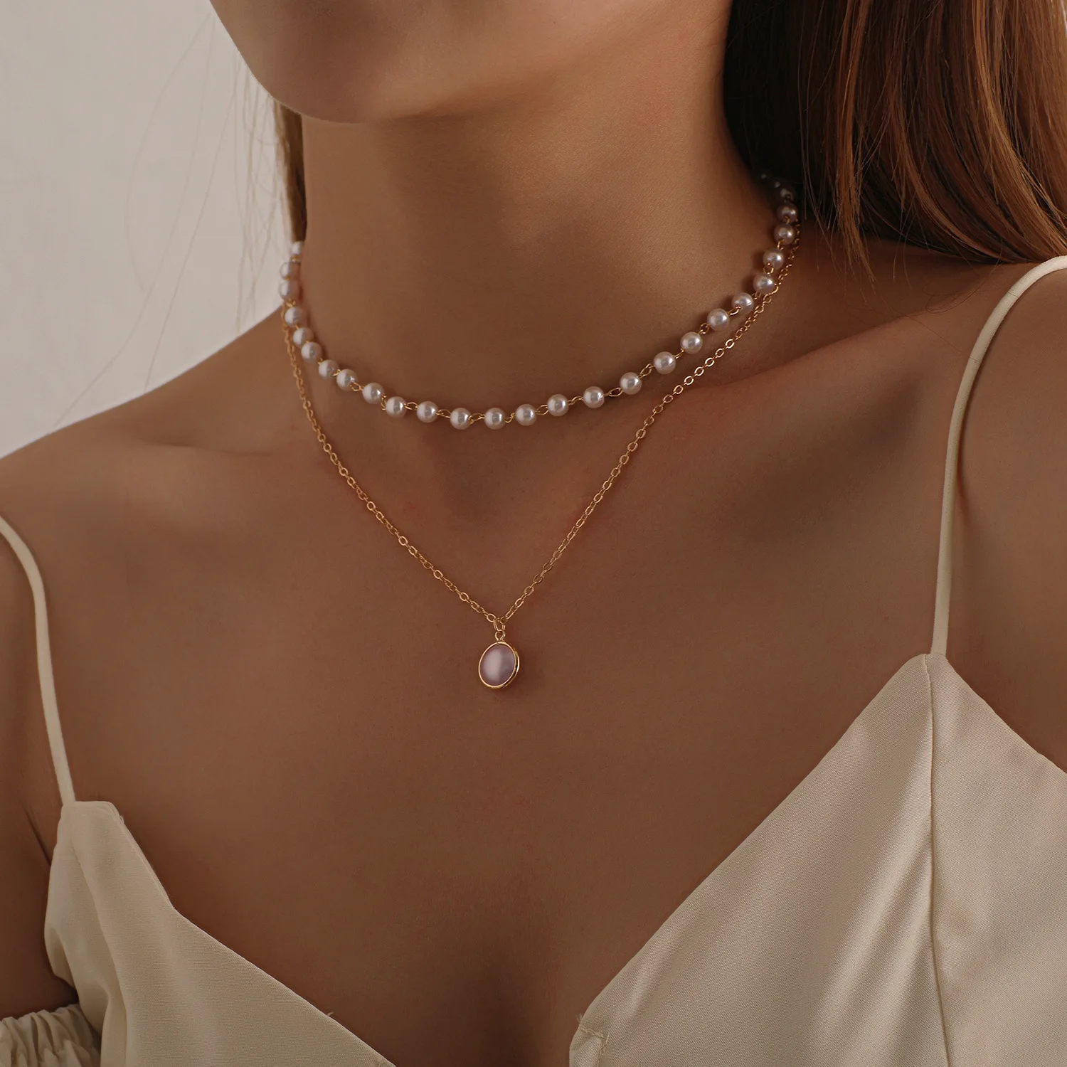 New Fashion Kpop Choker Necklace Cute Double Layer Chain Baroque Pearl Pendant For Women Charm Bead Wedding Jewelry Girl Gift