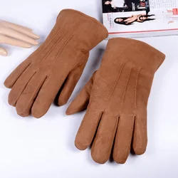 Guantes de cuero Real para hombre, manoplas de forro de piel, de gamuza, de invierno, para esquí al aire libre