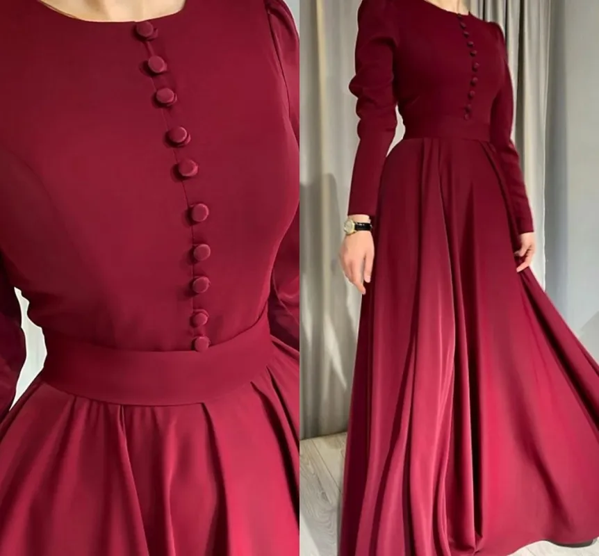 

Simple Burgundy Arabic Muslim Evening Dress Jewel Neck Long Sleeve Floor Length Soft Satin with Buttons Prom Party Gowns