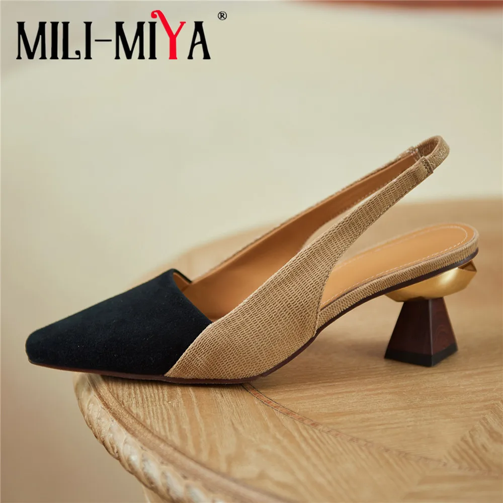 MILI-MIYA Fashion Sling Back Women Genuine Leather Pumps Round Toe Slip On Mixed Color Thick Heels Dress Party Shoes Plus Size 3