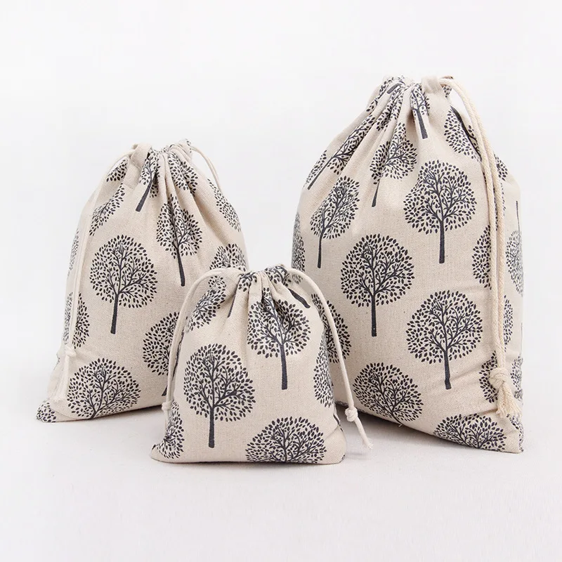 1pcs Tree Pattern Beige Drawstring Cotton Linen Storage Bag Gift Candy Tea Jewelry Organizer Makeup Cosmetic keys Bags 49047