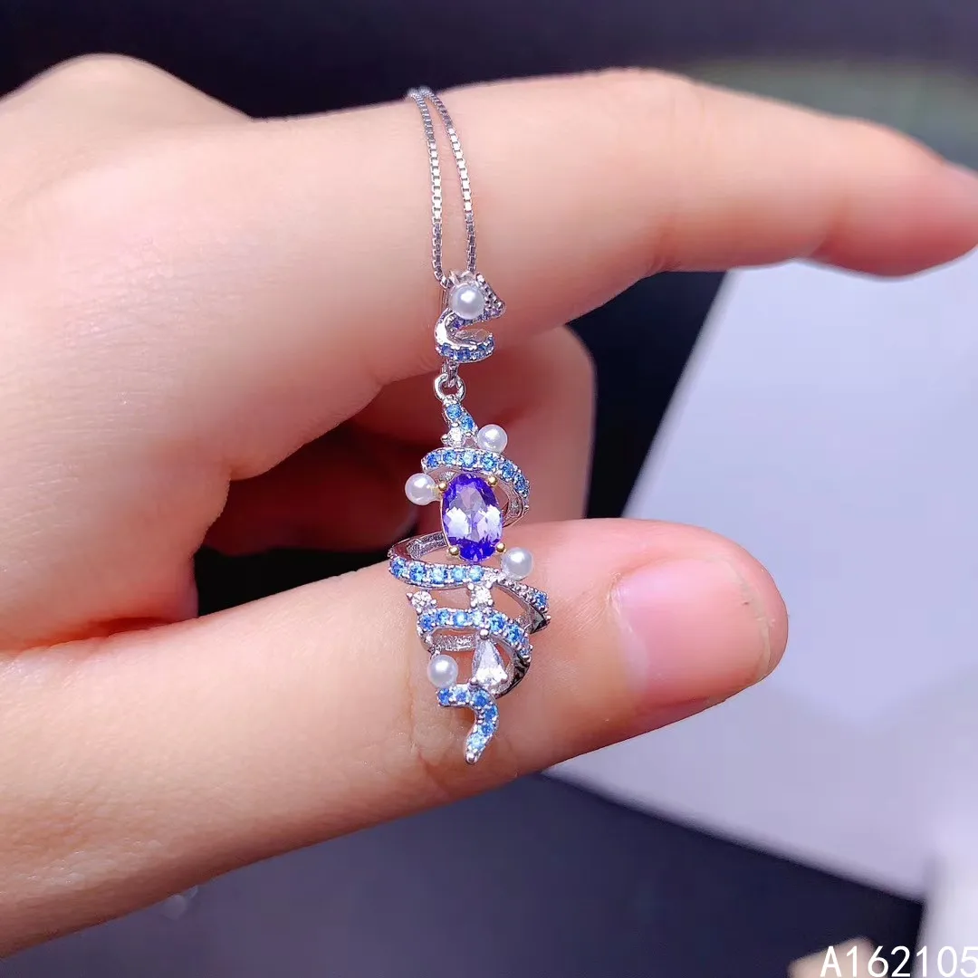 

Fine jewelry 925 pure silver inlaid natural Tanzanite girl trendy luxury lspray pearl Chinese style gem pendant necklace support