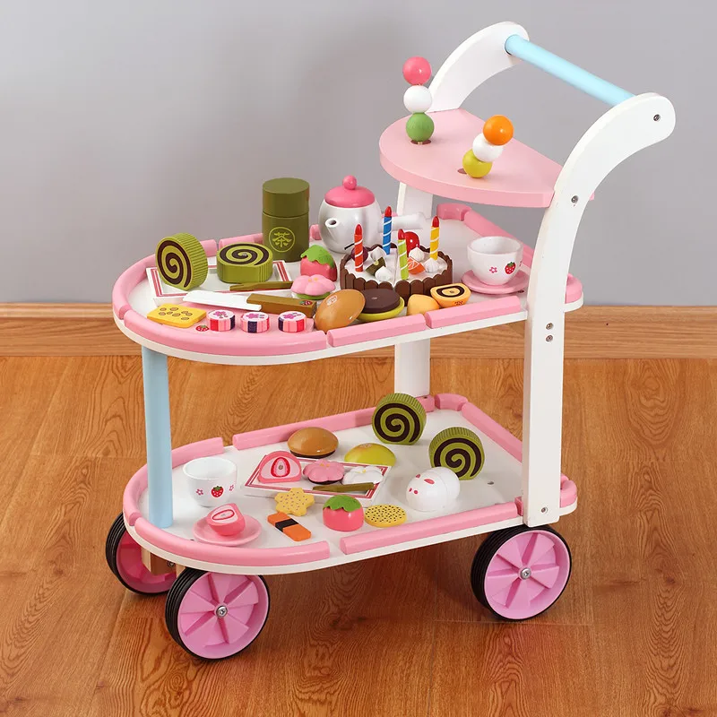 NEW Wooden Mother Garden Family Game Simulation Kitchen Toy Mini Tea Set Simulation Birthday Cake Gift for Kid Baby Carriage