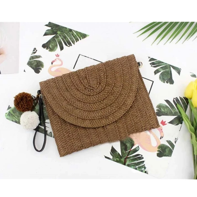 Bolsa de palha de vime boho feminina, bolsa quadrada tecida, mensageiro com aba, embreagem para férias na praia, casual, verão