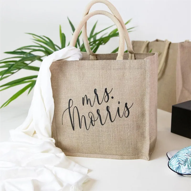 

Personalized wedding mrs Burlap Tote Bag - Bridal Party Beach Bags, Custom name Bridesmaid Custom Tote Bags, Beach Canvas Totes