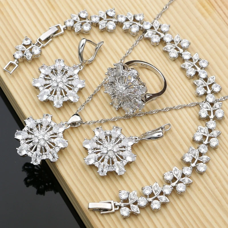 

Luxury Wedding Bride Jewelry Sets White Cubic Zirconia Flower Earrings Stone Bracelet Gifts Necklace Set Dropshipping