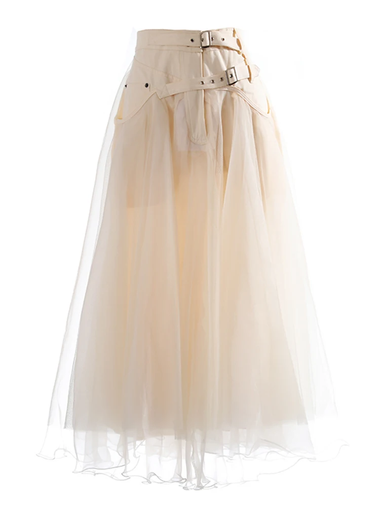 Picture 5: TWOTWINSTYLE Patchwork Mesh Slim Colorblock Temperament Skirt Female Gathered Waist Minimalist Skirts For Women Autumn 2022 New