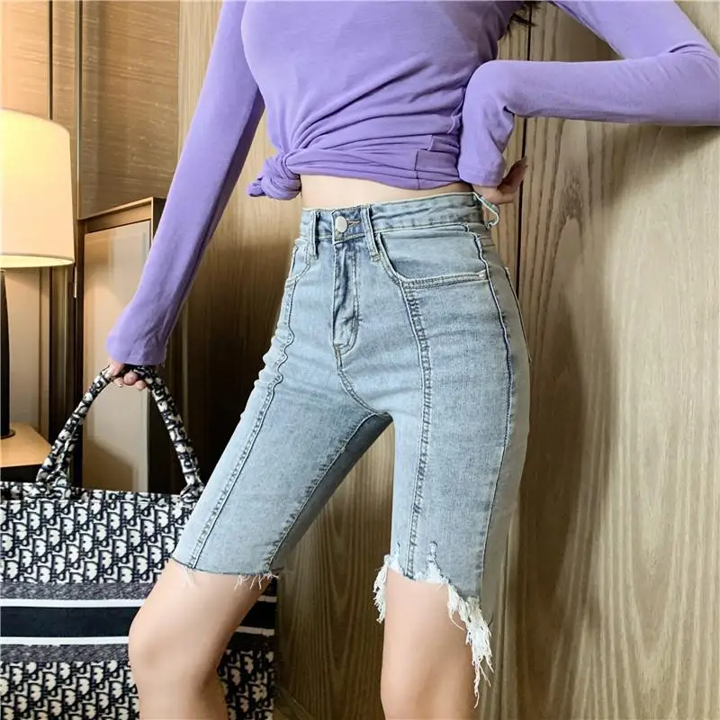 Shorts Women Skinny Causal Solid Minimalist Chic Femme High Waist Comfortable Washed Summer Cowboy Ulzzang Vintage Teens Trouser