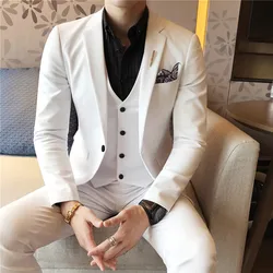 ( Jacket + Vest + Pants ) Left ROM Solid Color Suit 3-piece Suit Korean Style Men's Slim Dress Groom Wedding Dress Prom Tuxedo