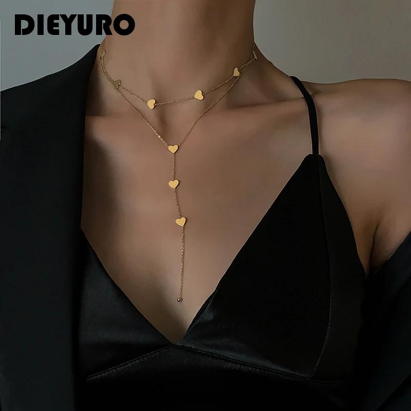 DIEYURO 316L Stainless Steel Love Heart Tassel Long Necklace 2 Layers Beautiful Clavicle Chain Exquisite Gorgeous Women Wedding