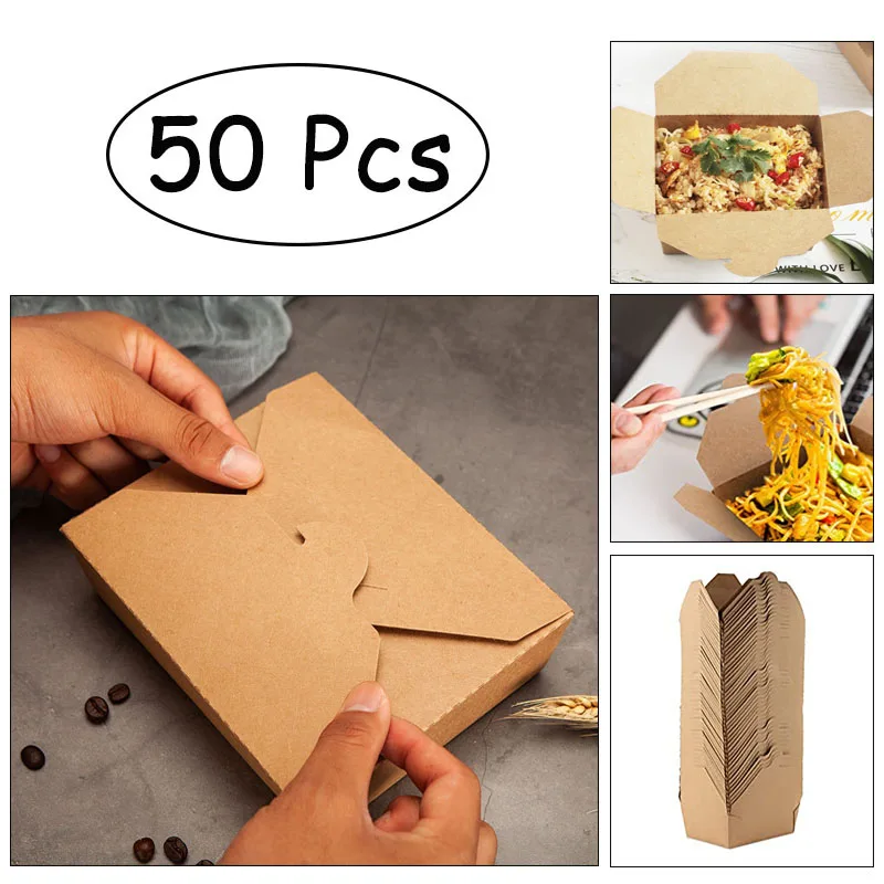 50Pcs Take Out Food Kraft Boxes 800Ml Leak and Grease Resistant Containers Recyclable Lunch Box for Restaurant Party Catering