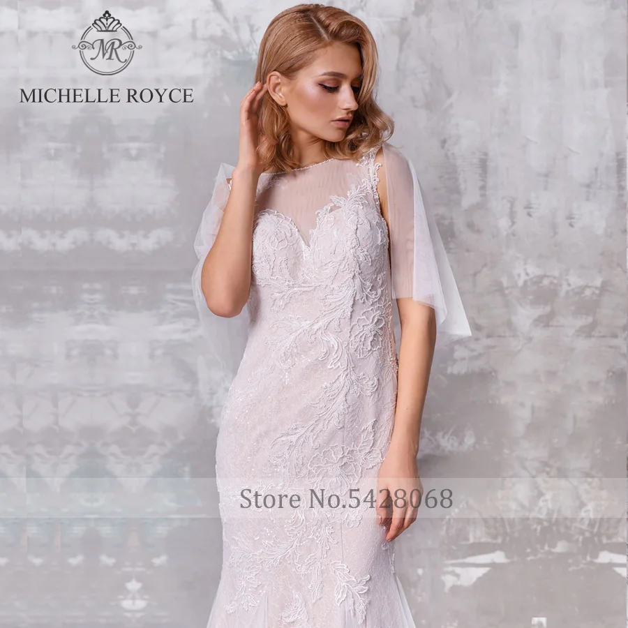 Michella Royce abiti da sposa a sirena 2020 senza maniche Scoop Illusion Backlesst Button Sweep Train abiti da sposa Vestido De Novia