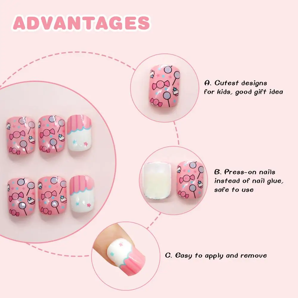 Adesivo de unhas lindo doce rosa 24 tamanhos, utensílios de beleza e brinquedos de moda, para crianças, maquiagem e cosméticos para crianças