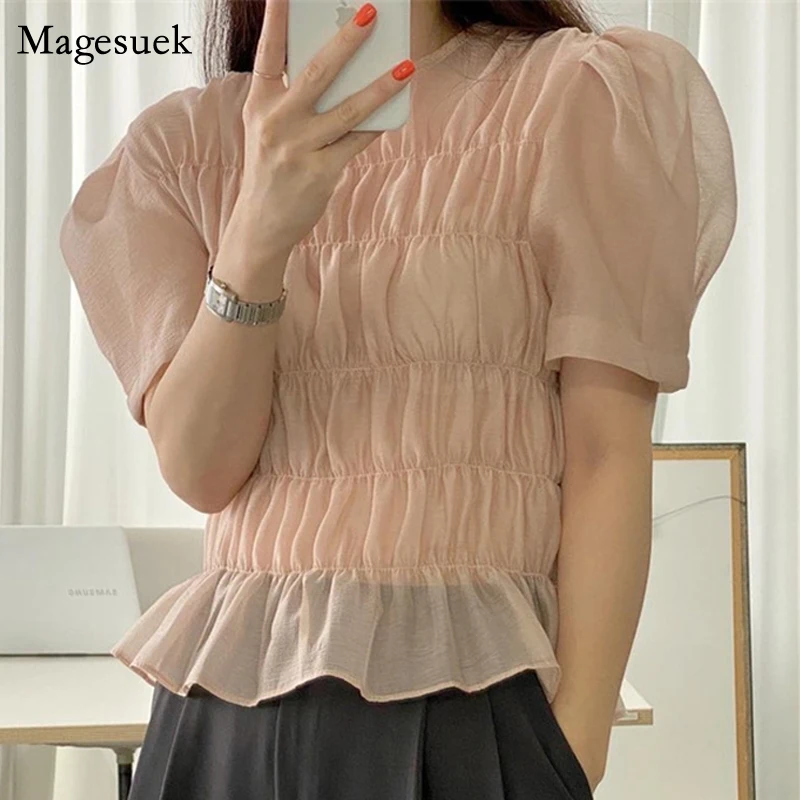 

2021 Summer Korean Women Tops Sexy Transparent Puff Short Sleeve Blouse Chic Pleated Casual Ins Girl Clothes 14093