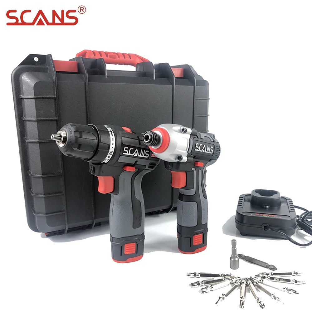 12V 16V Electric Brushless Drill and Cordless Impact Screwdriver Combo Kit Power Tools By SCANS with Li-ion Batteries Toolcase