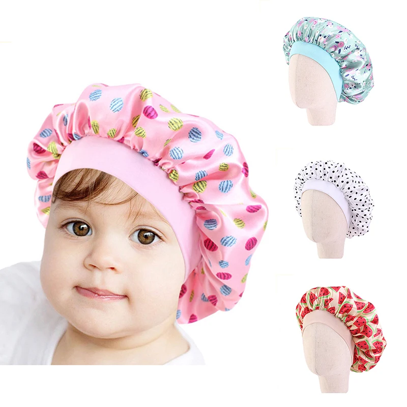 Fashion Adjustable Children Hat New Satin Silky Baby Bonnet Night Sleep Cap Laser Color Big Bonnet For 2-8Y Kids Curly Hair