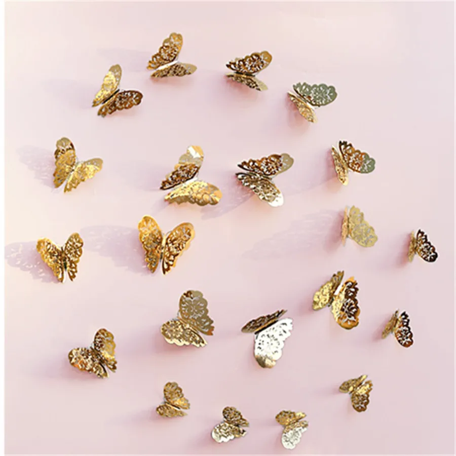 golden/sliver  12pcs/lot hollow out luxury butterfly wall sticker 3D butterfly used for bedroom wall curtain living room