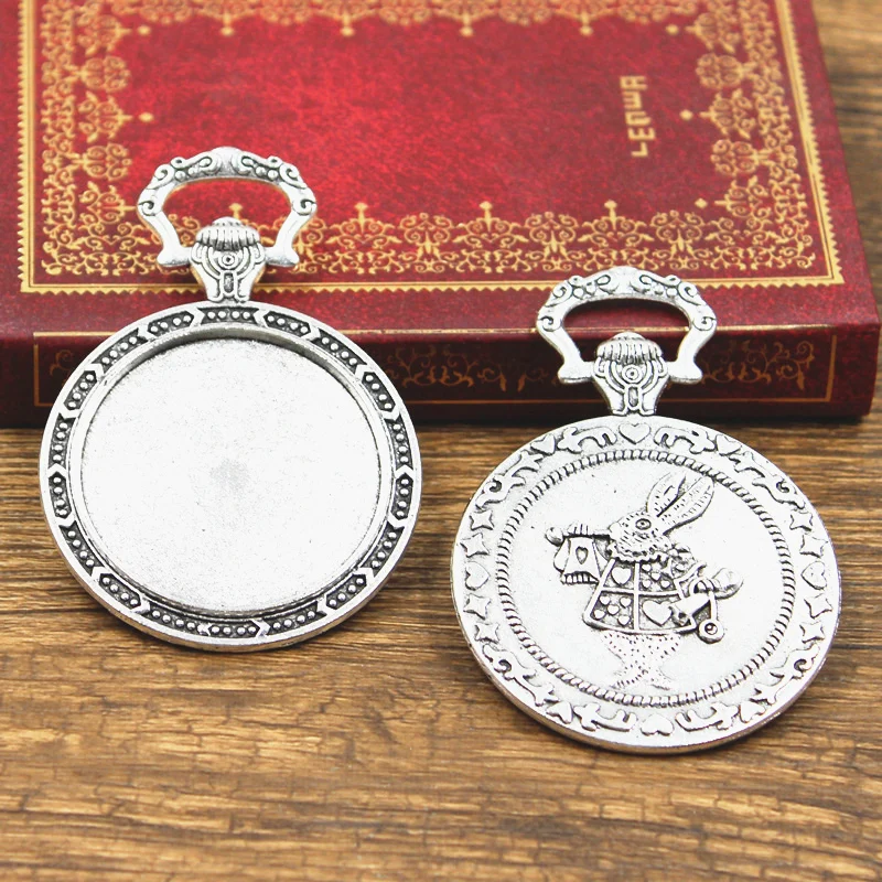 1pcs Cabochon Base Fit Setting 35mm Inner Size Antique Bronze Silver Color Round Pocket Watch Rabbit Style DIY Jewelry Finding