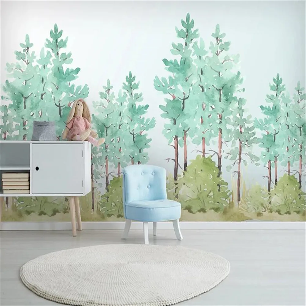 Milofi custom non-woven mural wallpaper nordic modern hand-painted watercolor forest green leaf woods background wall mural