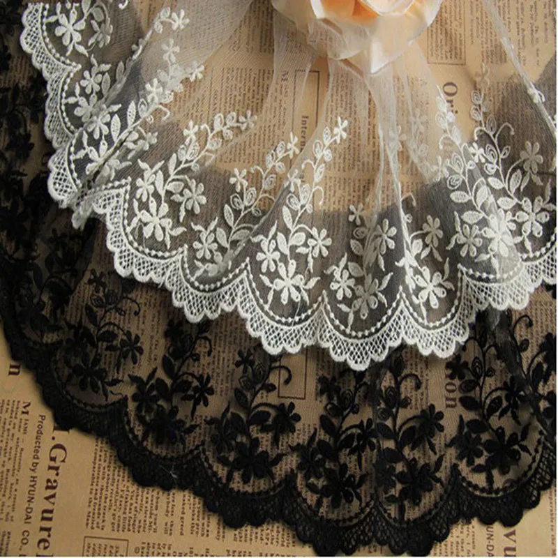 Alipress 5yards/lot White/Black Bilateral Embroidered Net Lace Trim Ribbon 13/15CM DIY Sewing Lace Fabric Garment Decor