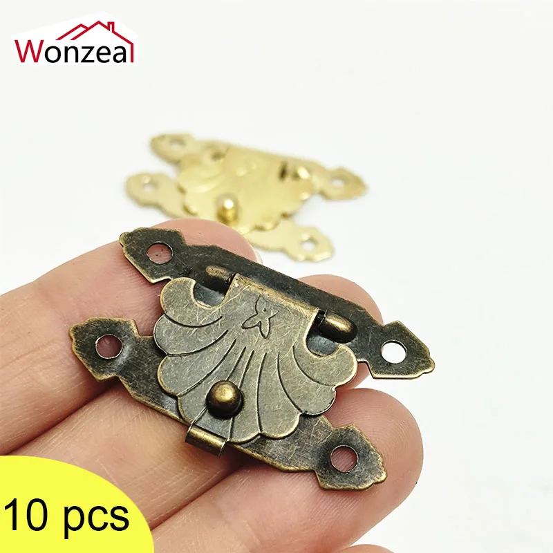 10Pcs Antique Iron Hardware Decorative Jewelry Gift Wooden Box Suitcase Hasp Latch Hook With Screws Retro Furniture 37*23mm