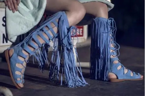 Summer Long Tassels Cut-outs Woman  Lace Up Knee Boots Flat Back Zipper Gladiator Sandal Boot