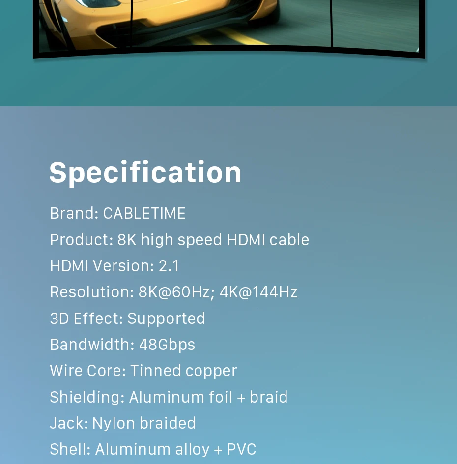 CABLETIME 8K HDMI-Kabel HDMI-kompatibel 2.1 8K/60Hz 4K/120Hz für PS5 Xiaomi TV Box Ultra High Speed zertifiziert 48 Gbit/s ﻿ – Detail 17