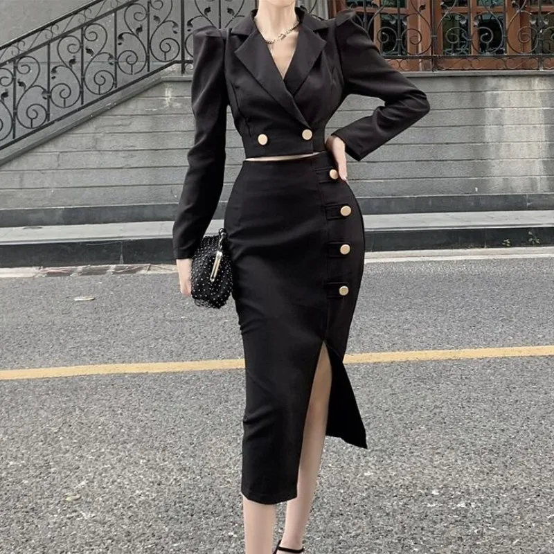 New Arrival Fashion Autumn Women OL Temperament black Crop Top + Sexy Split Midi Skirt Slim Skirt Suits 2021